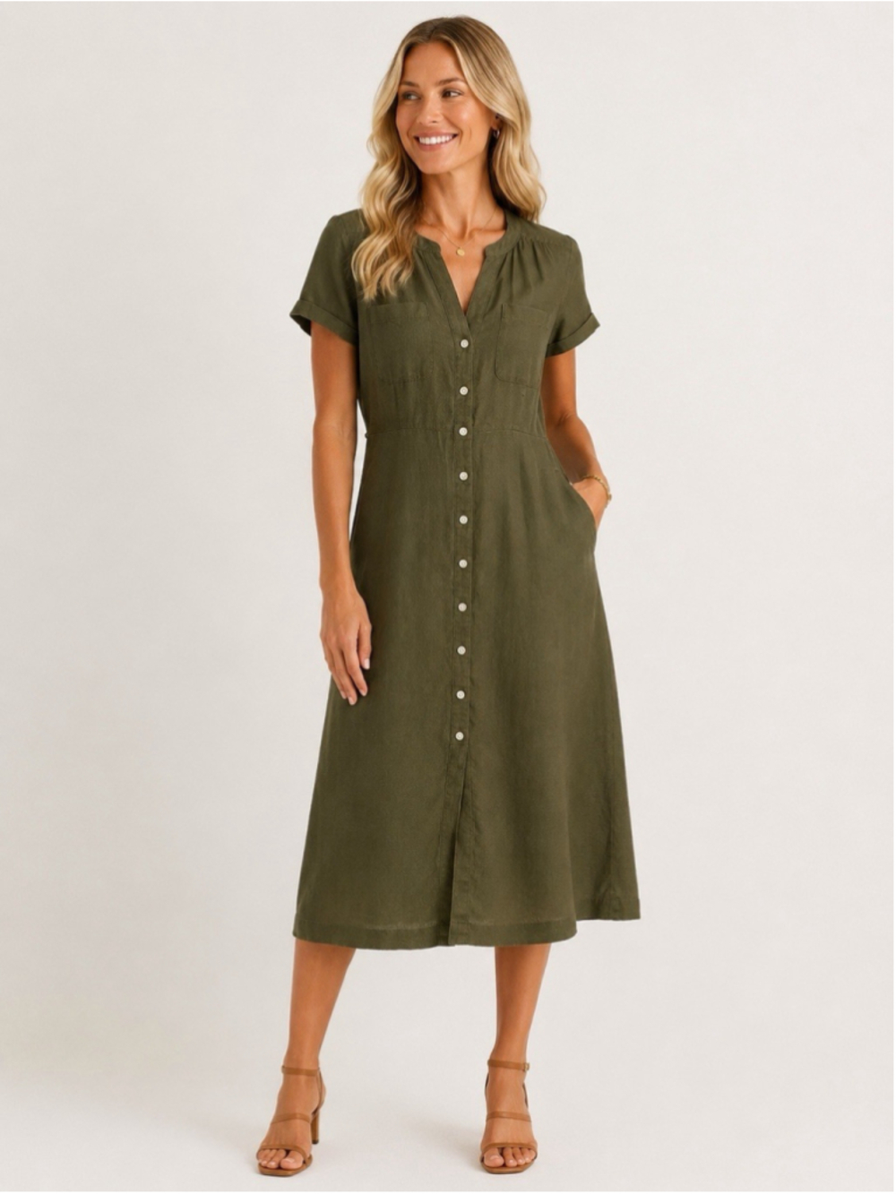 Talbots 100% Linen Shirt Dress Olive Green Button Front Midi Womens 6